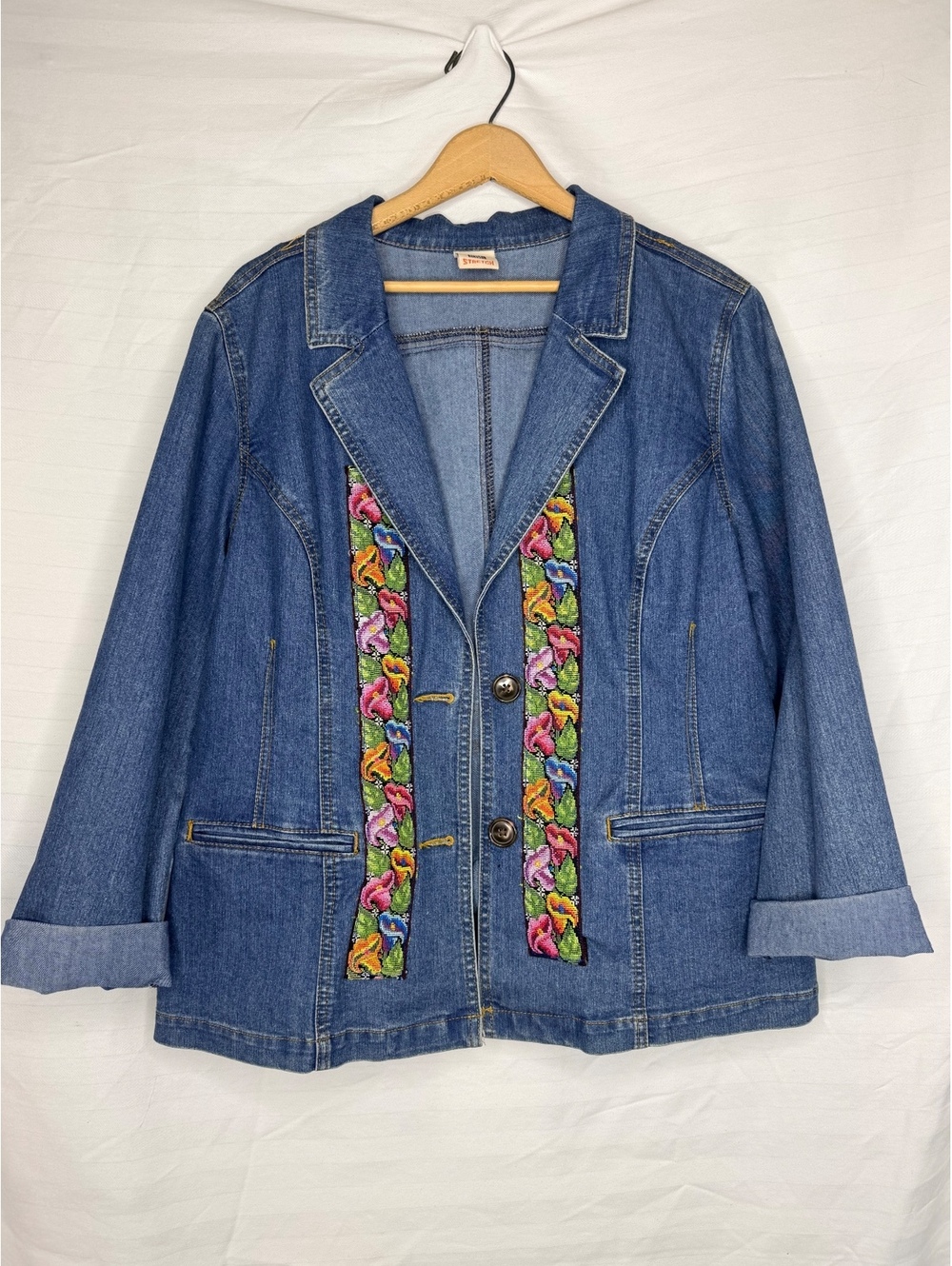 Upcycled Denim Blazer Embroidered Bird Textile Jacket Floral Boho